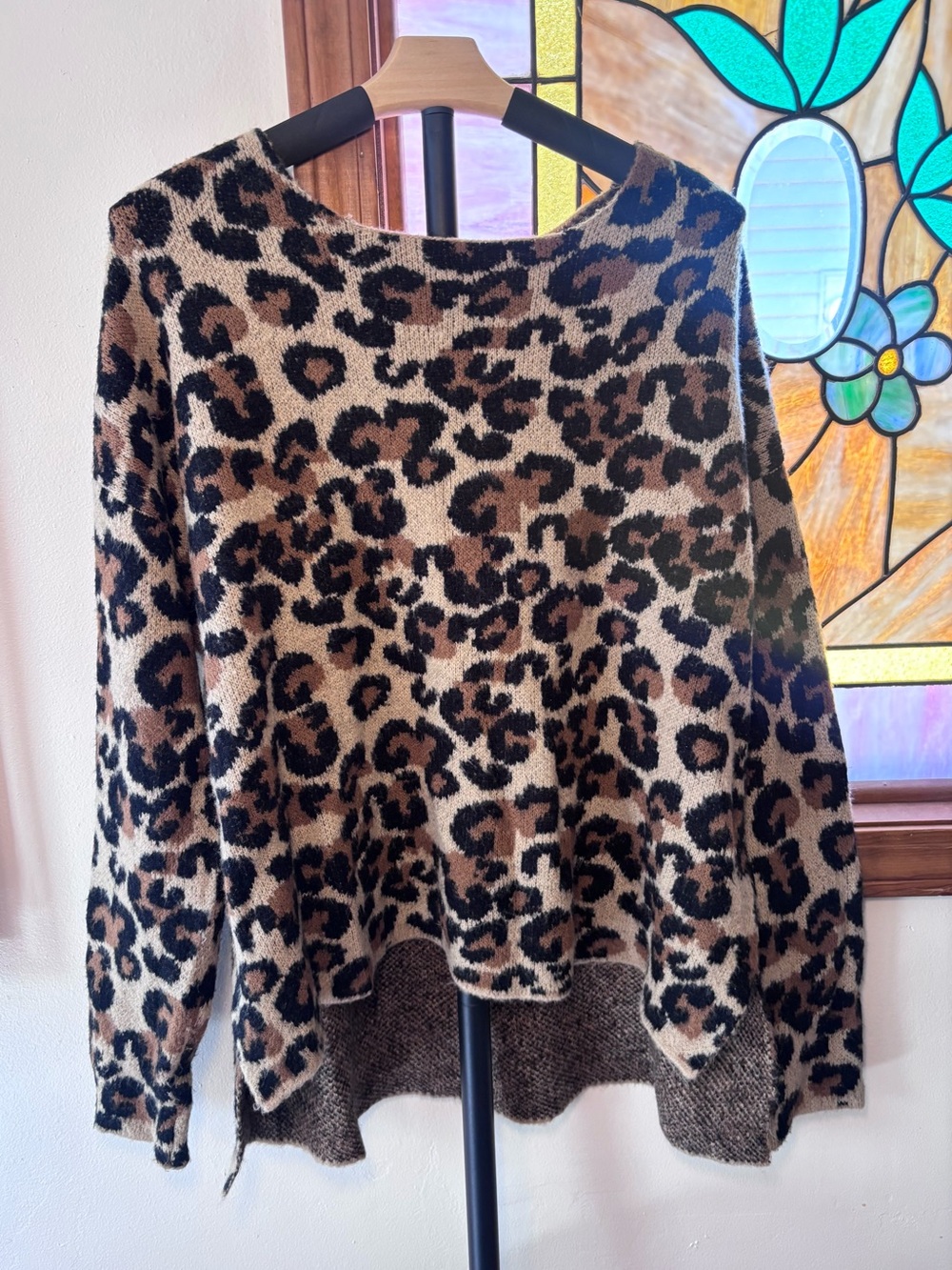 Jamison Leopard Print Knit Sweater High Low Oversized Brown Black Size XL